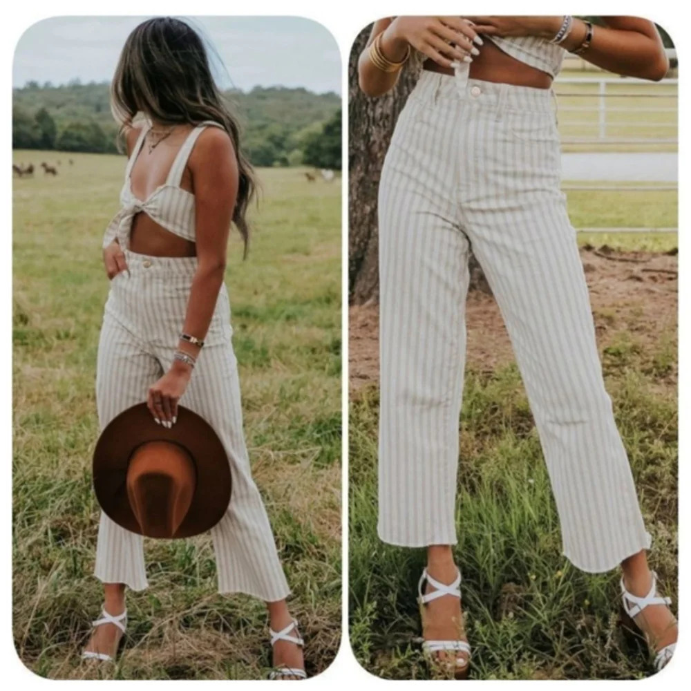 Show Me Your MuMu Cleveland Wide Leg Pants Size 29 Tan White NWT